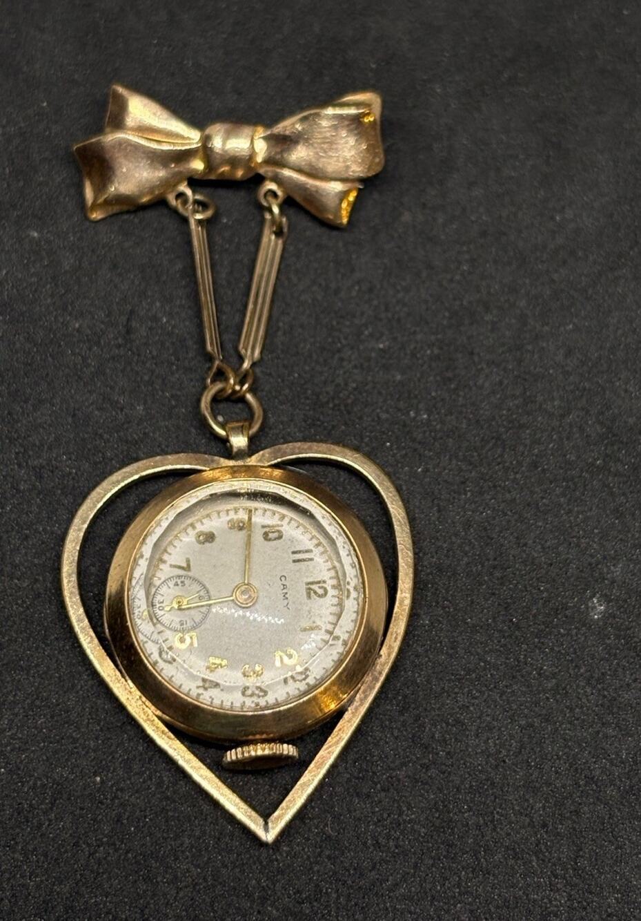 Vintage Camy Swiss Mechanical Watch 10k Rolled Gold Heart Bow Brooch Pendant
